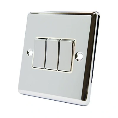 Image of AET CPC3GSWIWC Polished Chrome Classical White Insert Metal Rocker Switch 10 Amp Triple 3 Gang 2 Way Light