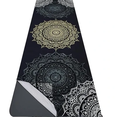 Image of Yoga Mat Towel with Corner Pockets Microfiber Towels for Hot Non Slip Moisture Wicking Sweat Absorbent, Mandala Easy Travel, Use in Yoga, Bikram, Pilates and Fitness