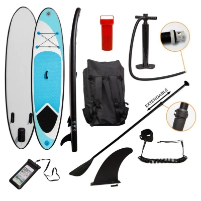 Image of Inflatable Paddle Board Blue Stand Up 10ft SUP Lightweight 6.75kg Water Sports Surfboard Non Slip Deck Carry Bag Pump Adjustable Elasticated Ankle Leash 3 Fins Waterproof Phone Case Repair Kit