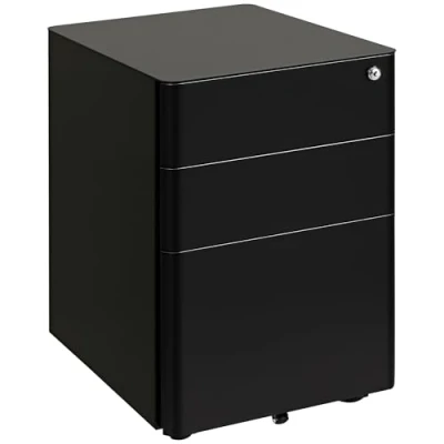Image of Vinsetto Lockable File Cabinet with 3 Drawers, Steel Rolling Filing 5 Wheels and Pencil Case, Vertical Office Drawer for A4, Letter, Legal Size, Pre Assembled Body, Black