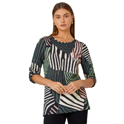 Image of Roman Originals Animal Colour Block Stretch Top for Women UK Ladies Everyday Autumn Winter Round Neckline Comfy Soft Evening Vacation Work Party Night Out Green Size 10