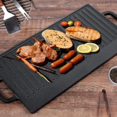 Image of ALBERT AUSTIN Non Stick 16&quot; Cast Iron Reversible Griddle Plate/Pan Grill BBQ Double Sided Ideal for Grilled Egg, Bacon &amp; Healthy Cooking