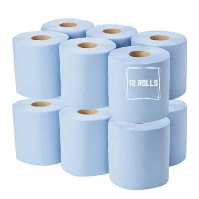 Image of Strike Blue Centre Feed Rolls Embossed 2ply Wiper Paper Towel 50M p/Rolls 6 Per Pack Family Disposable Kitchen Cleaning Household (12 Rolls)