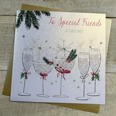 Image of WHITE COTTON CARDS SPECIAL FRIENDS FLUTES &amp; COUPE GLASSES CHRISTMAS CARD, HAND FINISHED (C23 104), 16cm x