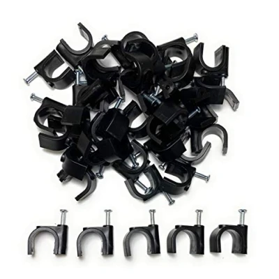Image of TR Cable® Pack of 50 Round Black Cable Clips with Strong Nails Durable &amp; Versatile Ideal for Indoor/Outdoor Management, 14mm