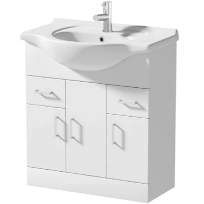 Image of Baystone® 750mm Vanity Unit Basin Sink Bathroom Storage Cabinet Cupboard Freestanding, Single Tap Hole Ceramic Wash Basins, Soft Close Doors &amp; Drawers, White Gloss