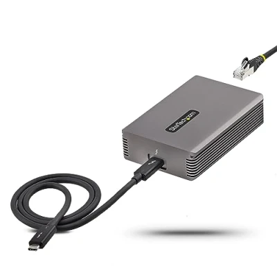 Image of StarTech.com Thunderbolt 3 to Ethernet Adapter, 10GbE, Multi Gigabit, RJ45 Network 10GBASE T/5 2.5GBASE T NIC, 10G Adapter w/ TB3 Certified Cable, Win/Mac (TB310G2)