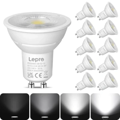 Image of Lepro GU10 LED Bulbs Dimmable, Cool White 6500K, 4.5W 345lm, 50W Halogen Spotlight Bulb Equivalent, 38 Narrow Beam, Daylight White, Energy Saving Light Bulbs, Pack of 10 [Energy Class F]