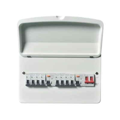 Image of Excel 14 Way Metal Clad Consumer Unit Populated Split Load c/w 100A Main Switch + 2x63A Type A RCD (3x6A,1x16A,3x32A,1x40A MCB’s) E1408TR