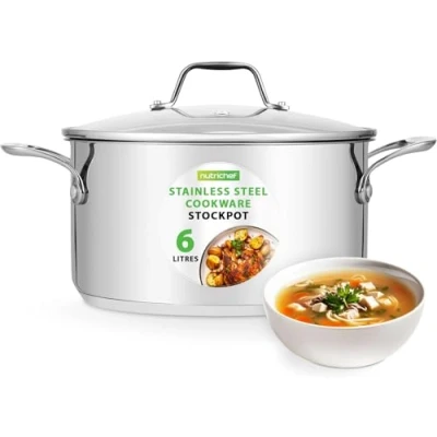 Image of 6 Quart Stainless Steel Stock Pot 18/8 Food Grade Heavy Duty Induction Pot, Stew Simmering Soup with See Through Lid NutriChef NCSP6