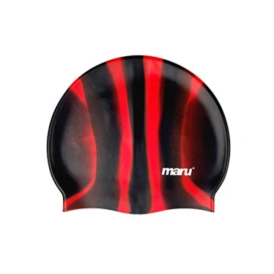 Image of MARU Swimming Hat, 100% Silicone Swim Cap, Unisex Adult Lightweight Caps for Men and Women, Comfortable Durable Hats Designed in the UK (Black/Red, One Size)