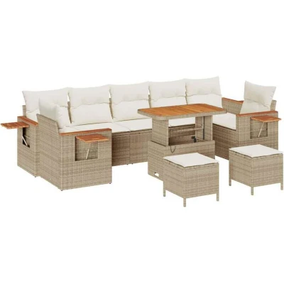 Image of vidaXL 10 Piece Garden Sofa Set with Cushions Beige Poly Rattan Acacia