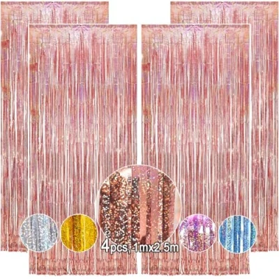 Image of Metallic Tinsel Curtain Rose Gold Glitter OEMG 4Pack 3.3x8.2FT Foil Fringe Curtain, Party