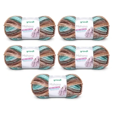 Image of Gründl Mohanna Knitting and Crochet Yarn 90% Polyacrylic, 10% Mohair, 5 x 100 g, Thick Wool, Green/Brown/Camel