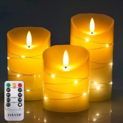 Image of DANIP flameless Candle, with Embedded Fairy String Lights, 3 Piece LED 10 Key Remote Control, 24 Hour Timer Function, Dancing Flame, Real Wax, Battery Powered. (Ivory White)