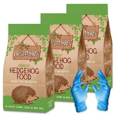 Image of Brambles Crunchy Hedgehog Food Also Suitable for Badgers and Foxes Nutritious with Kasabona Blue Vinyl Gloves (Crunchy 900g x 3)