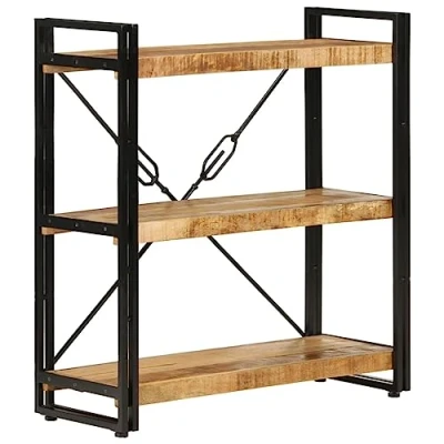 Image of vidaXL 3 Tier Bookcase in Solid Mango Wood and Iron Versatile Bookshelf with Shelves for Living Room, Bedroom, Office, Industrial Style, Brown Color