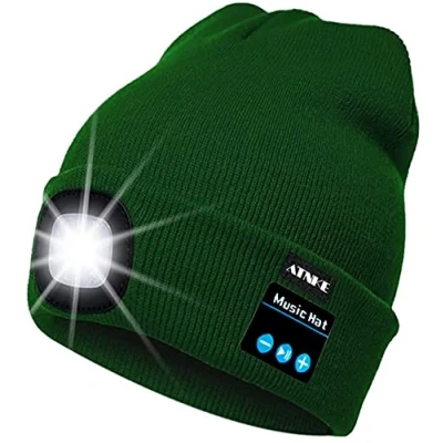 Image of ATNKE LED Lighted Bluetooth Beanie Cap, USB Rechargeable Wireless Musical Running Hat Ultra Bright 4 Waterproof Light Lamp Use for Skiing Hiking Camping Cycling/Green