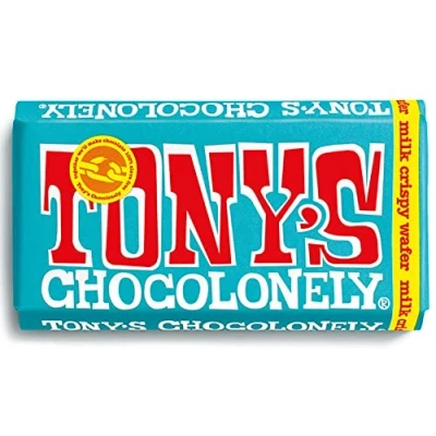 Image of Tony&#039;s Chocolonely Milk Crispy Wafer Chocolate Bar 180g, Chocolate, Gift, Vegetarian Belgian Fairtrade