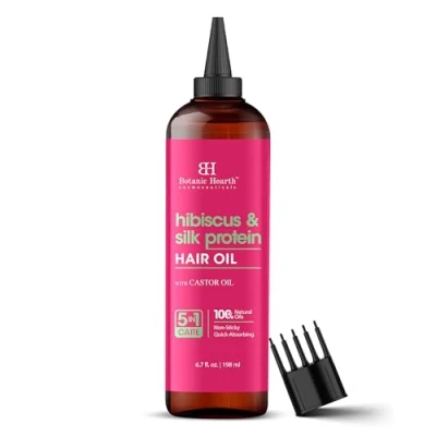 Image of Botanic Hearth Hibiscus &amp; Silk Protein Hair Oil 6.7 fl oz Hydrating and Strengthening Treatment For Smooth, Shiny, Healthy Looking Paraben Free All Types