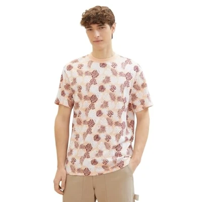 Image of TOM TAILOR Denim Men&#039;s 1040862 T Shirt, 34829 Peach Multicoloured Leaves Print, S