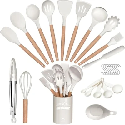 Image of 29 Piece Household Silicone kitchenware Set, Spatula, Scraper, Wooden Handle Set (White)