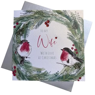 Image of White Cotton Cards To My Wonderful Wife with Love Handmade Large Christmas Card (Reef Code XFP2)
