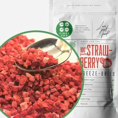 Image of Freeze Dried Strawberry Pieces 100% Natural Premium Fruit Skinny Sprinkles Bits Raw Baking, Smoothies or Cake Decoration Make Sweets Dry Strawberries ZingyZoo