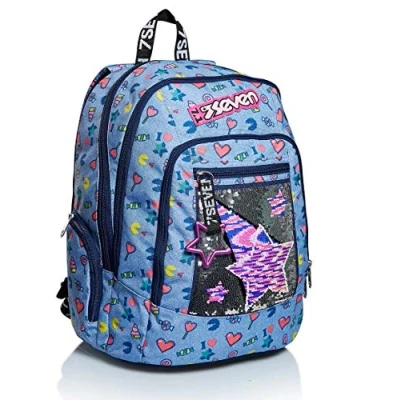Image of Seven Backpack, Advanced, STARRY RAINBOW Knapsack Padded School Bag, Book One Size For Teen, Girls&amp;Boys, Large Capacity, School, Sport &amp; Free Time, Laptop Sleeve, Italian Design, blue,