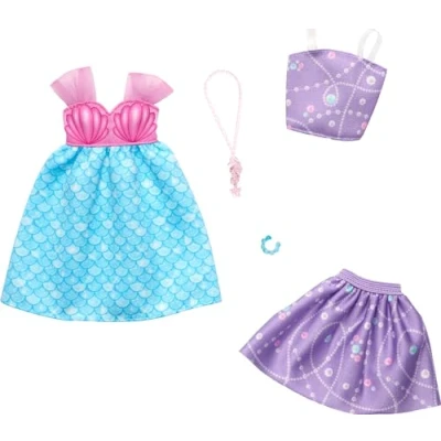 Image of Barbie Fashions Clothing Set, 2 Outfits for Fashion Doll Include Mermaid Themed Dress, Top &amp; Skirt Accessories