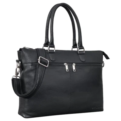 Image of STILORD &#039;Bailey&#039; Business Laptop Bag Leather 15 inch Large for Work Office Meeting Vintage Notebook Shoulder Trolley Attachable, Colour:black
