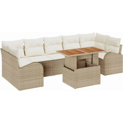 Image of vidaXL 8 Piece Garden Dining Set with Cushions Beige Poly Rattan Acacia