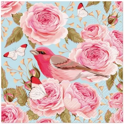 Image of Tete a 3Ply Flowery Tissue Paper Napkins Decoupage Serviettes 33cm x 1/4 Folded (Pack of 20) (English Roses Bird)