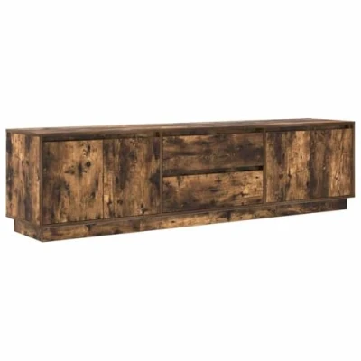 Image of vidaXL TV Cabinet Stand with LED Lights, Smoked Oak Finish, Engineered Wood, 193.5x41x50 cm, 2 Drawers &amp; 4 Doors, Modern Entertainment Center