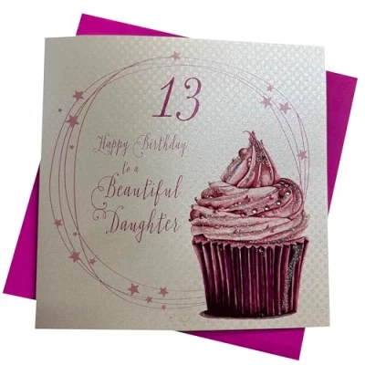 Image of White Cotton Cards Cupcake Happy Birthday To A Beautiful Daughter 13&quot; Handmade 13th Card, White, WBDA13