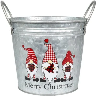 Image of Merry Christmas Tin Pail Gnome Gonk 18cm, 7inch Plant Pot Handles 2.6L Festive Planter Decor Xmas Gift (1)