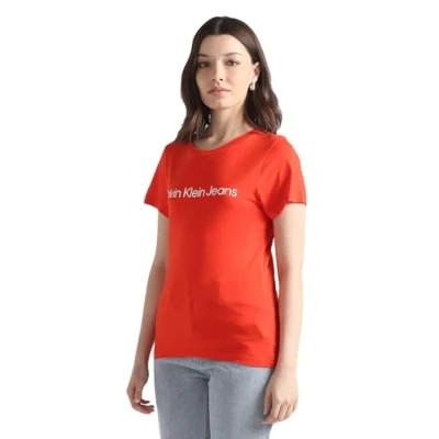 Image of Calvin Klein Jeans Women&#039;s INSTITUTIONAL Logo 2 Pack TEE J20J220161 S/S T Shirts, Fiery Red/Bright White, XS