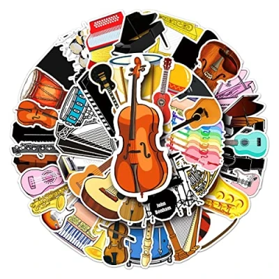 Image of Pack of 50 Musical Instruments Stickers Water Bottles Laptop Phone Guitar Skateboard Computer Case Bicycle Instrument Vinyl Aesthetic Sticker for Teenagers Children Adults
