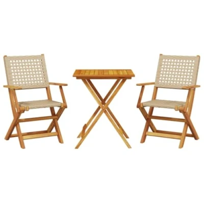 Image of vidaXL Bistro Set 3 Piece Outdoor Bar Furniture in Beige Poly Rattan and Acacia Wood Foldable Garden, Patio, Balcony or Backyard Dining Table 2 Chairs