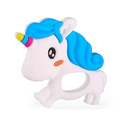 Image of PREMYO Teething Toy for Baby Teether Silicone Soothes Sore Gum Pain Easy to Grab BPA Free Unicorn White Blue