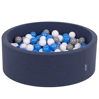 Image of KiddyMoon Soft Ball Pit Round 90X30cm/200 Balls ∅ 7Cm/2.75In For Kids, Foam Pool Baby Playballs, D.Blue:Grey/White/Blue