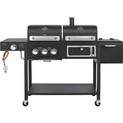 Image of CosmoGrill Hybrid 4 Burner Barbecue DUO Dual Fuel 3+1 Gas Grill and Charcoal Smoker with Waterproof Cover, Built in Temperature Gauge for Home Garden Party Outdoor BBQ Cooking