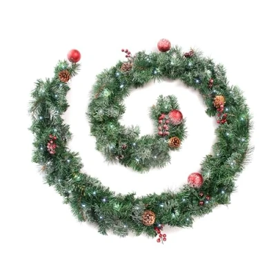 Image of Best Artificial Frosted Red Decorated Christmas Garland with 80 Bright White LED Battery Lights (9ft Garland)