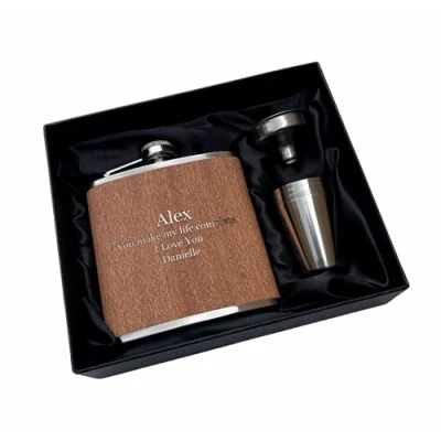Image of Personalised Rutherfords Gifts Wood Wrap 6oz Hip Flask Engraved with Name and Message of Your Choosing Wedding Birthday Fathers Day Gift