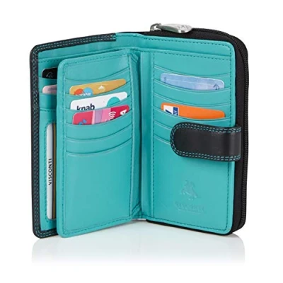 Image of VISCONTI Ladies Soft Leather Colorado Collection Purse RFID Blocking CD22 Black/Aqua