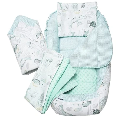 Image of Medi Partners 5 Piece Baby Nest Set 100 x 60 15 cm Removable Insert Bed Cuddly Crawling Blanket Newborn 100% Cotton (Ocean with mint Plush)