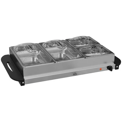 Image of HOMCOM 4 Tray Electric Food Warmer Buffet Server with Warming Plate, Cool Touch Handles, Adjustable Temperature, 300W, 2 x 2.4L and 1L Pans