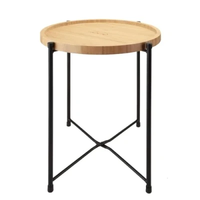 Image of VFM e Store Collapsible Bamboo Table/Tray Round Side Table Strong Frame Non Slip Ferrels Strong, Outdoors Camping Hiking Holidays Festivals Travel 30x35cm