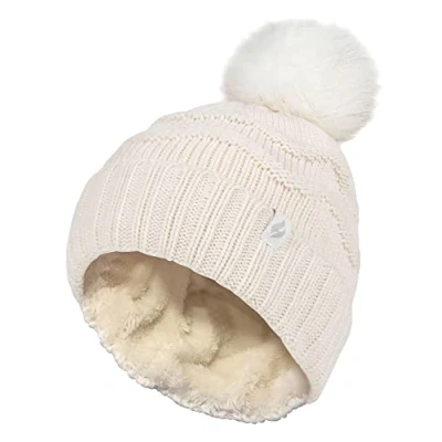 Image of HEAT HOLDERS Ladies Winter Fur Beanie Hat Zigzag Patterned Pom Womens Thermal Cuff Bobble (One Size, Cream)