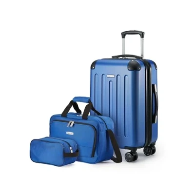 Image of Amazon Basics Hardside Carry On Spinner Luggage Set, 3 Piece, Suitcase, Tote Bag, Compact Travel Expandable, 4 Wheels, Navy Blue